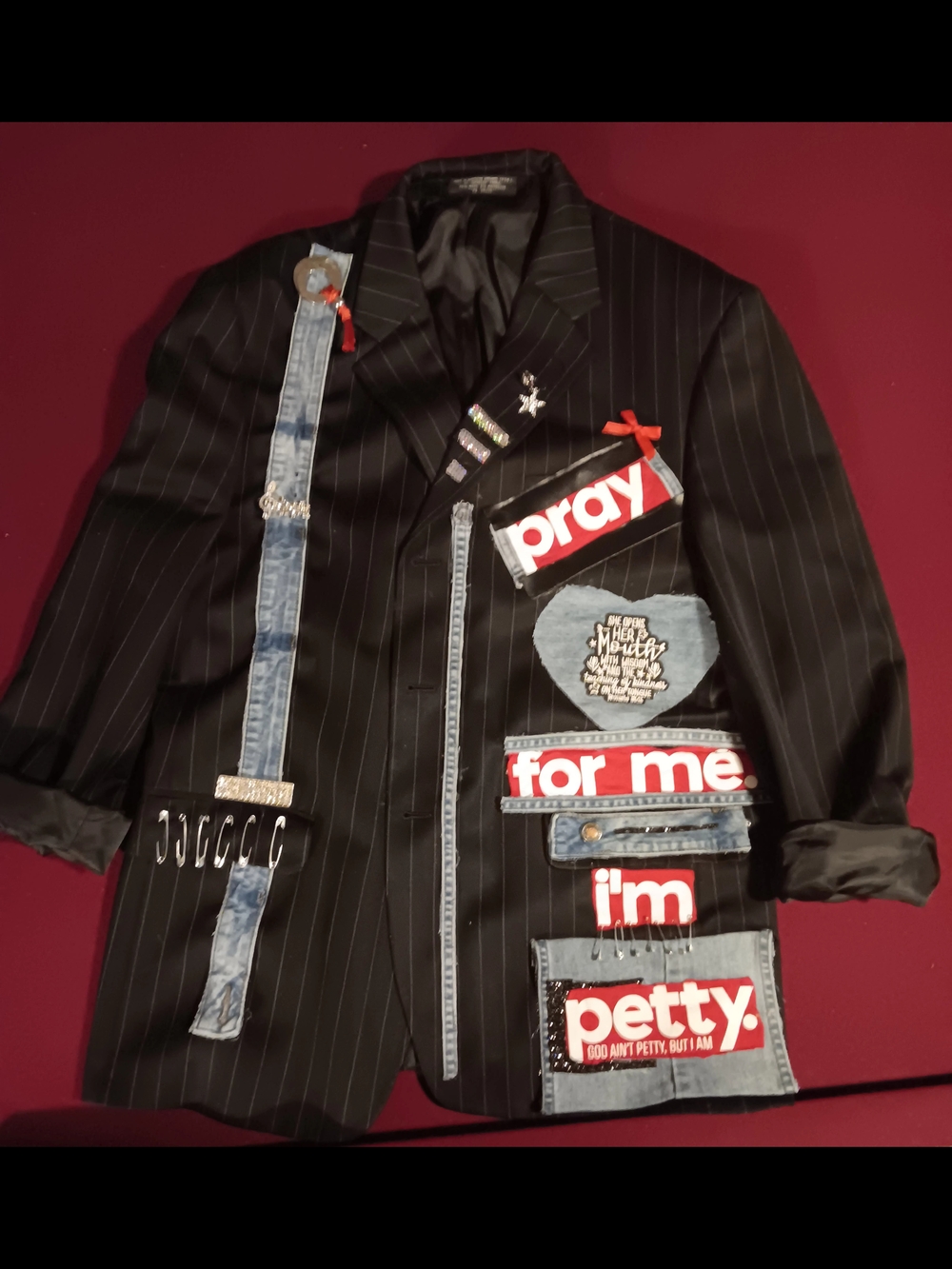 Black Pinstripe Statement Blazer with Denim Patchwork